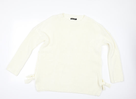 Front view of booh women’s ivory jumper, size M, - tie sides