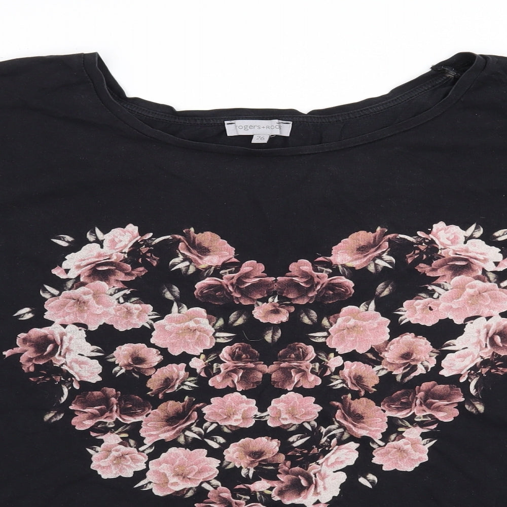 Rogers+Rogers Womens Black Floral  Basic T-Shirt Size 26  - Heart
