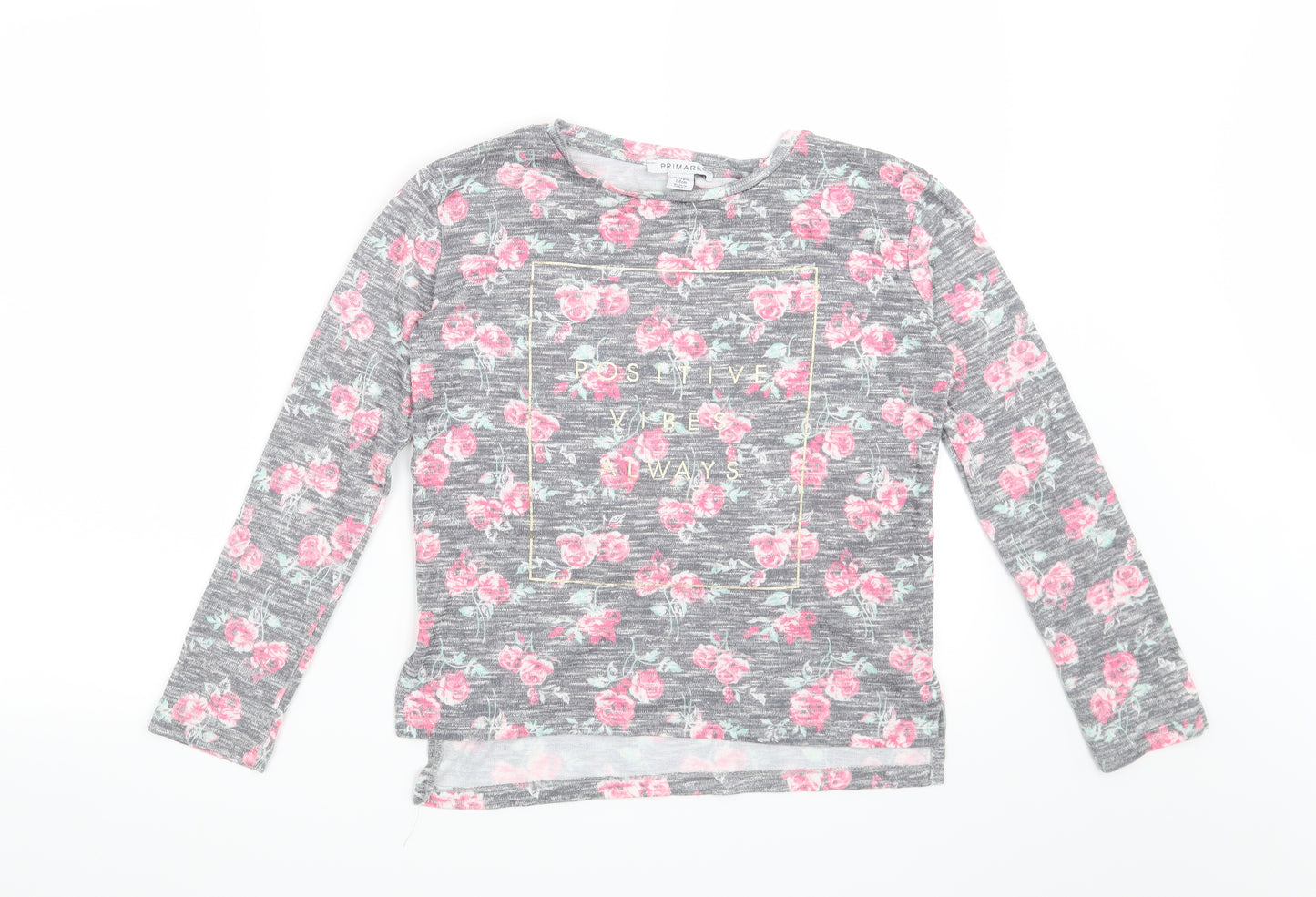 Primark Girls Grey Floral  Basic T-Shirt Size 12-13 Years  - Positive Vibes Always