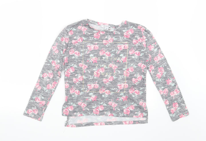 Primark Girls Grey Floral  Basic T-Shirt Size 12-13 Years  - Positive Vibes Always