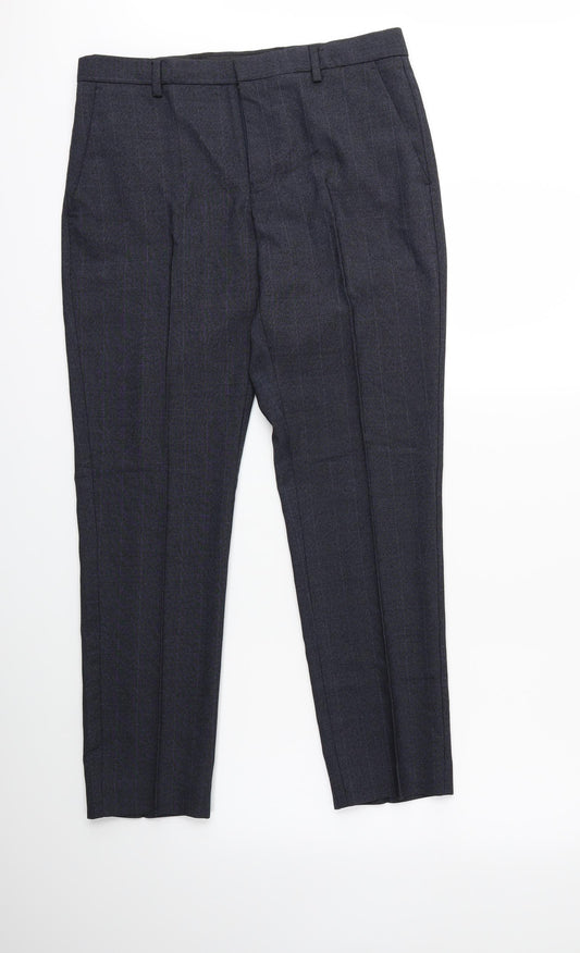 Front view of Preworn men’s blue check trousers, size 30, 27-inch leg