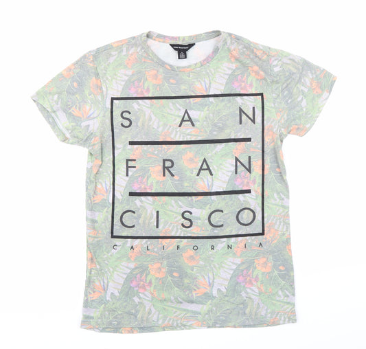 Front view of Cedar Wood State men’s green floral t-shirt, size S