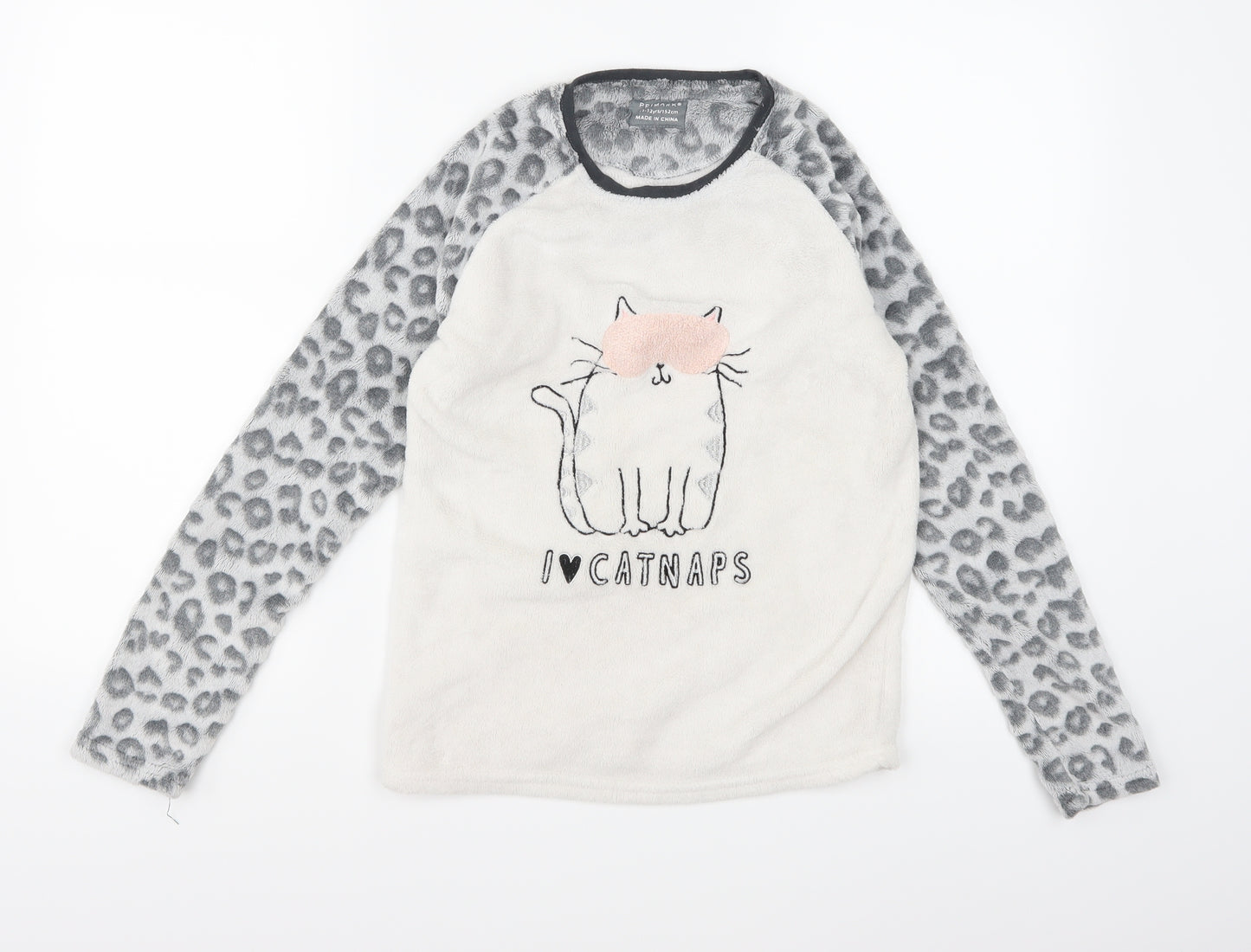 Primark Girls White Animal Print Fleece Top Pyjama Top Size 11-12 Years  - Catnap