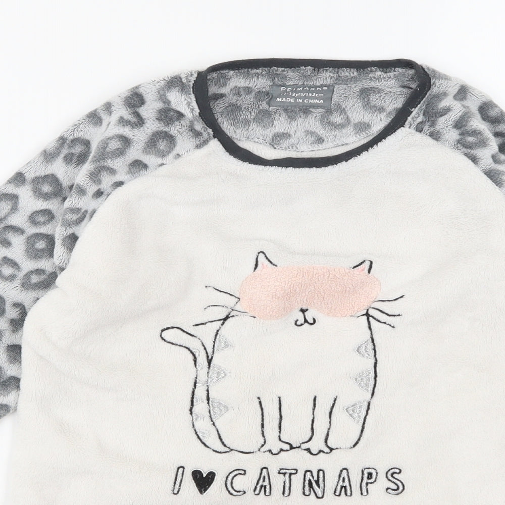 Primark Girls White Animal Print Fleece Top Pyjama Top Size 11-12 Years  - Catnap