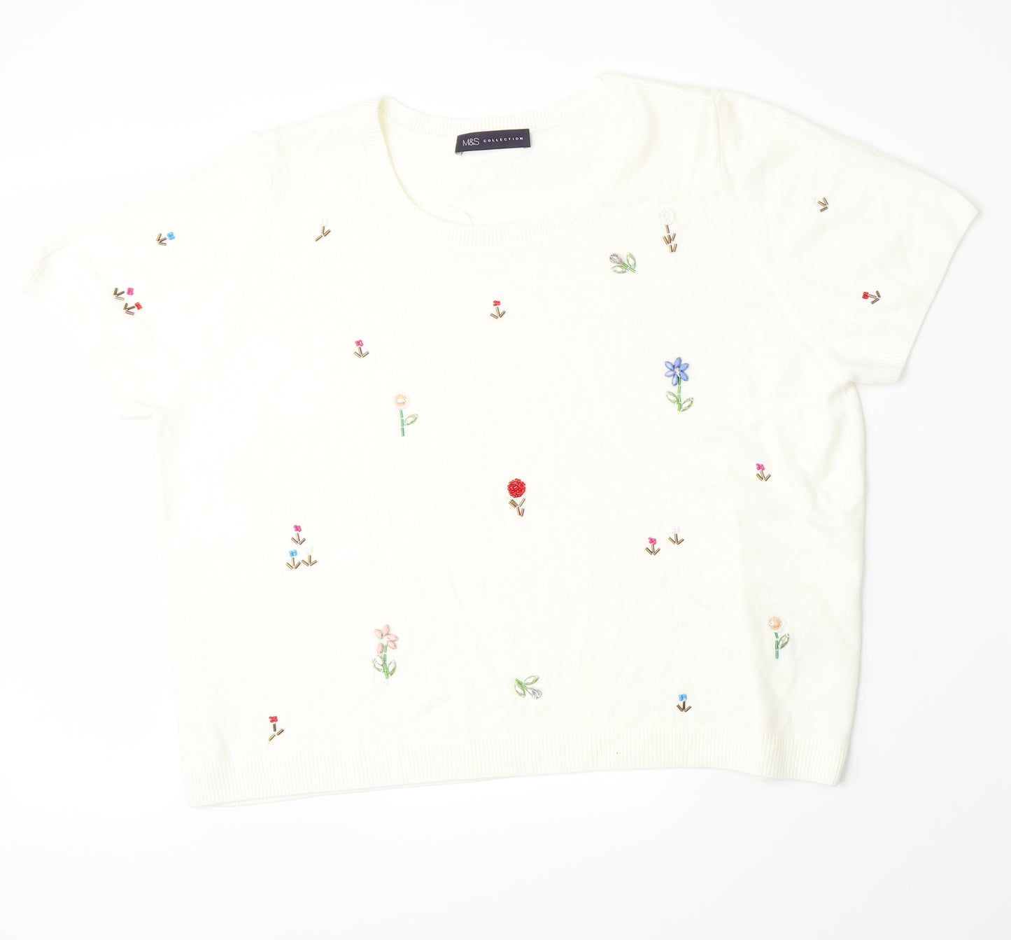 Marks and Spencer Womens White Floral Knit Pullover Jumper Size 20