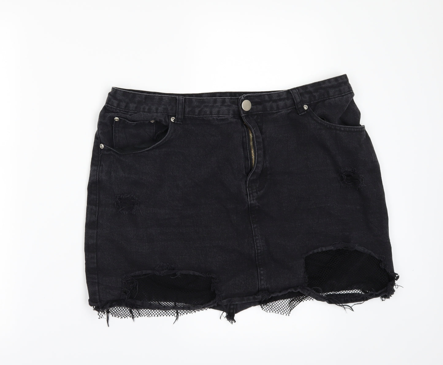 Boohoo Womens Black  Denim Mini Skirt Size 16  - DISTRESSED
