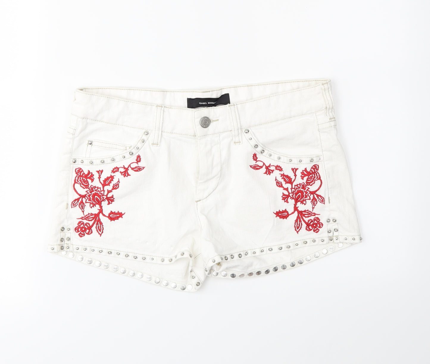 Preworn Womens White Floral Denim Hot Pants Shorts Size 10