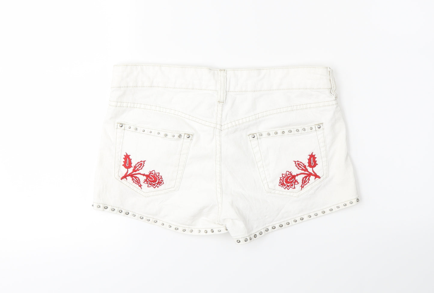 Preworn Womens White Floral Denim Hot Pants Shorts Size 10