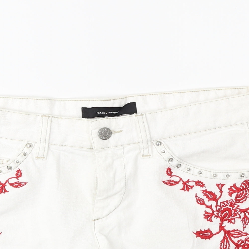 Preworn Womens White Floral Denim Hot Pants Shorts Size 10