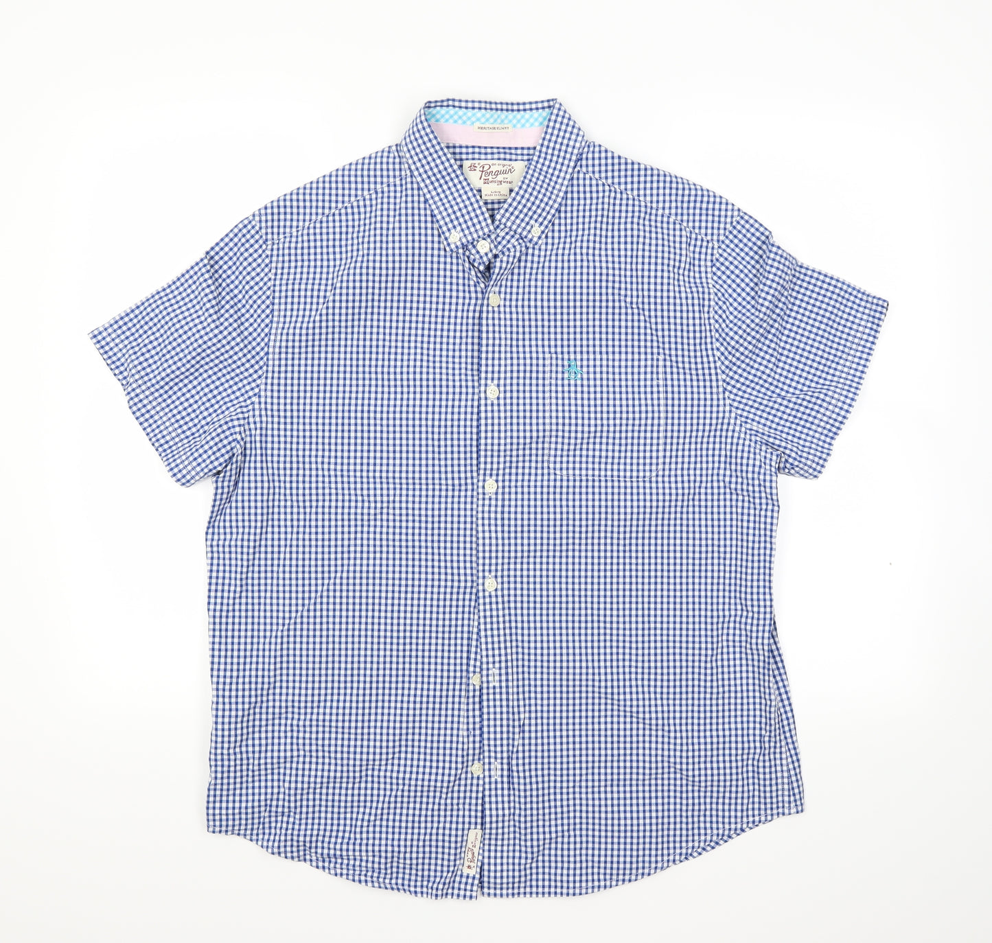 Penguin Mens Blue Check   Button-Up Size L
