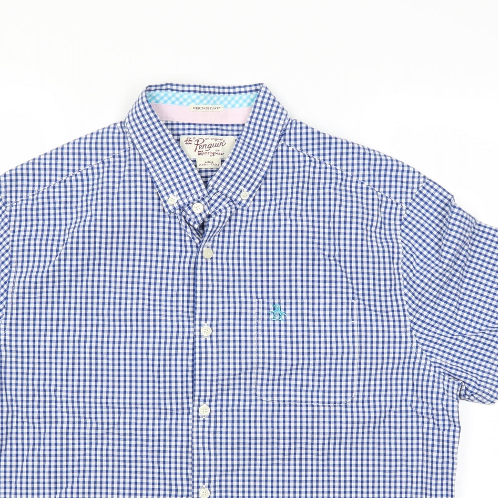 Penguin Mens Blue Check   Button-Up Size L