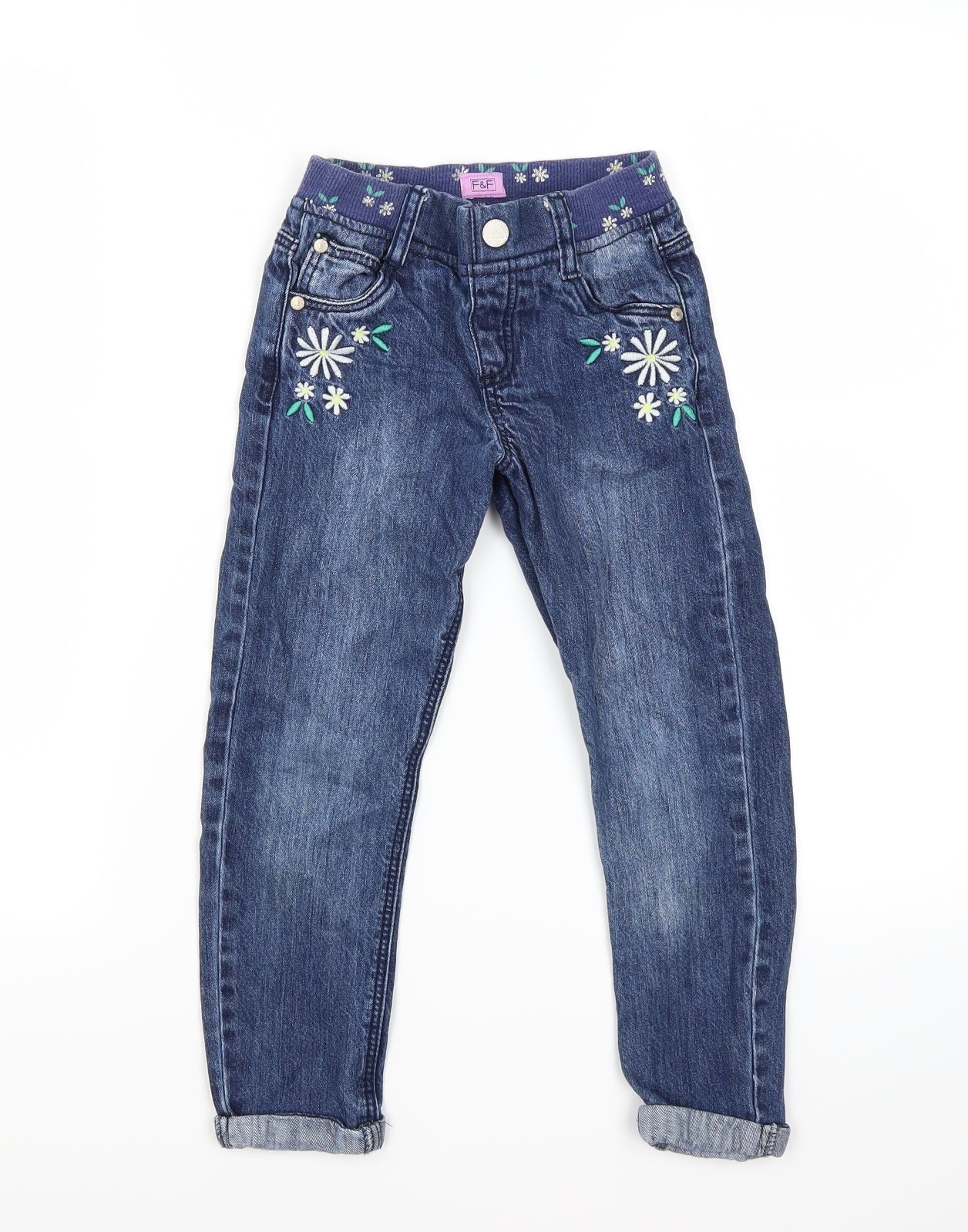 F&F Girls Blue Floral Denim Skinny Jeans Size 5-6 Years