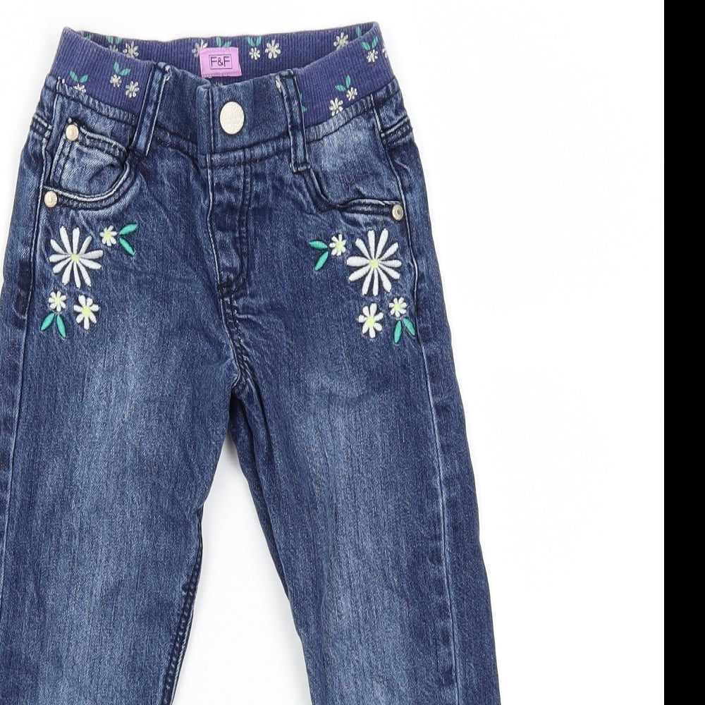 F&F Girls Blue Floral Denim Skinny Jeans Size 5-6 Years
