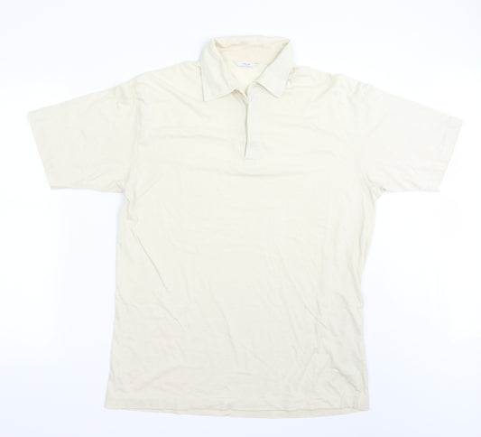 Front view of Marks and spencer men’s yellow striped polo, size M