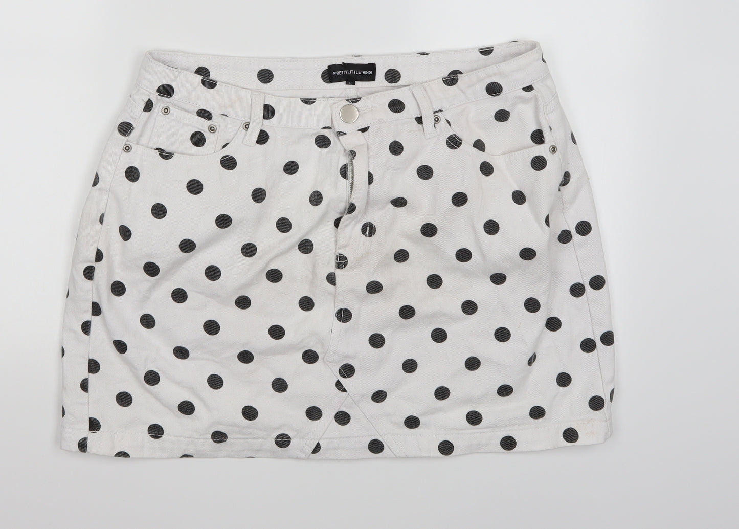 PRETTYLITTLETHING Womens White Polka Dot Denim A-Line Skirt Size 26