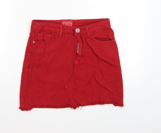 Front view of Denim Club women’s red denim a-line skirt, size UK 8