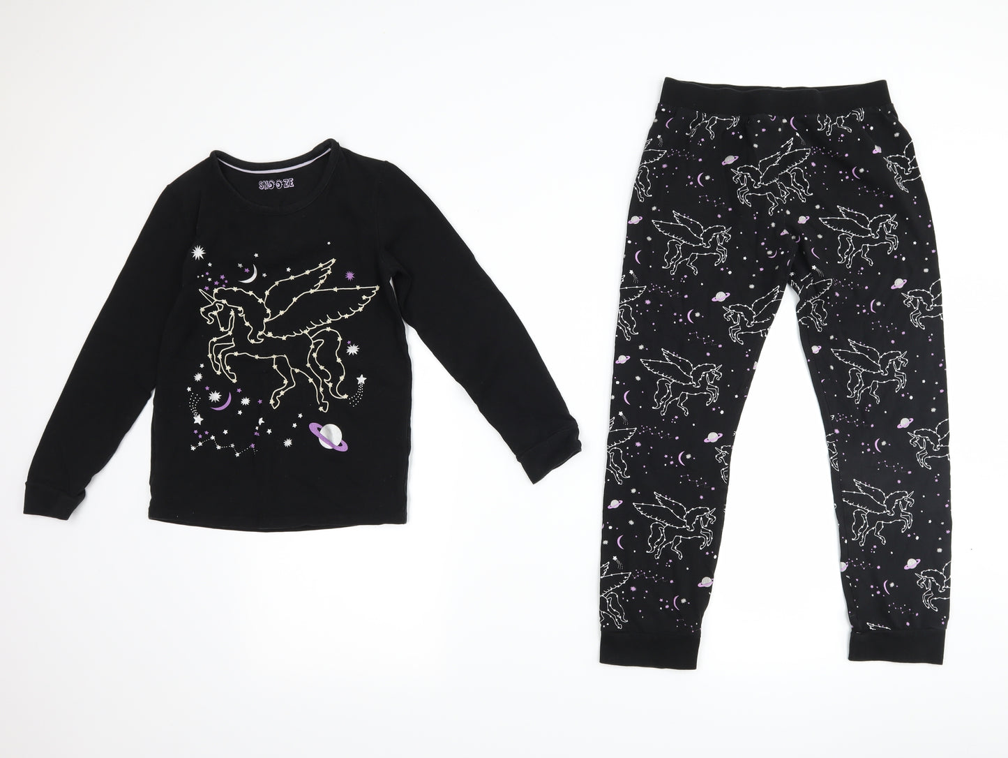 Marks and Spencer Girls Black   Top Pyjama Set Size 9-10 Years  - unicorn