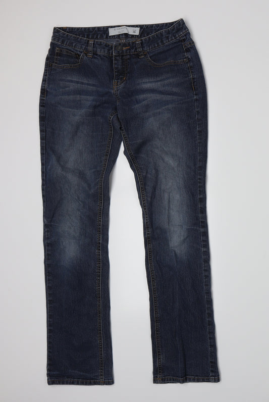 Front view of Giordano women’s blue denim skinny jeans, size UK 26, 28-inch leg