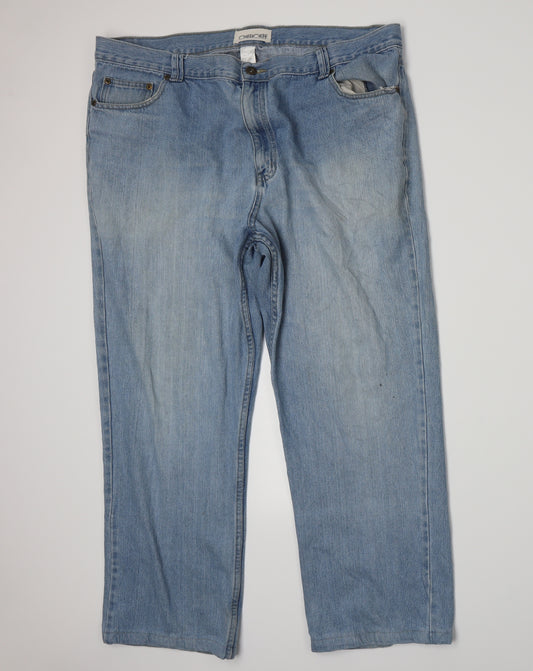 Front view of Cherokee women’s blue denim straight jeans, size UK 42, 28-inch leg