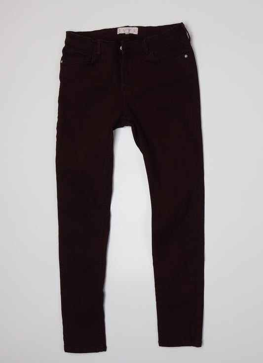 Front view of Mango women’s red denim skinny jeans, size UK 8, 26-inch leg