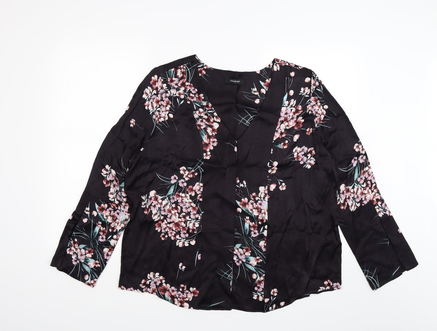 Autograph Womens Black Floral Satin Basic Blouse Size 18