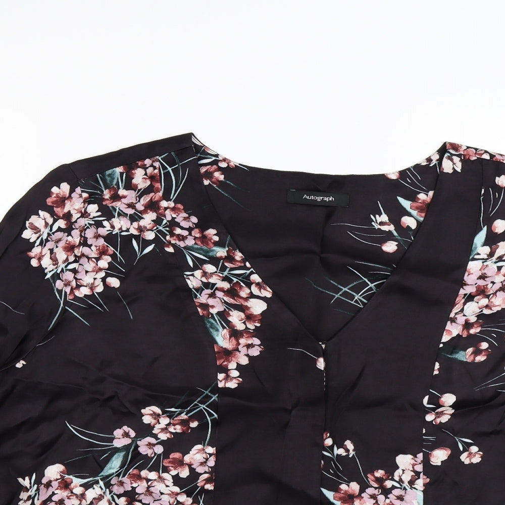 Autograph Womens Black Floral Satin Basic Blouse Size 18