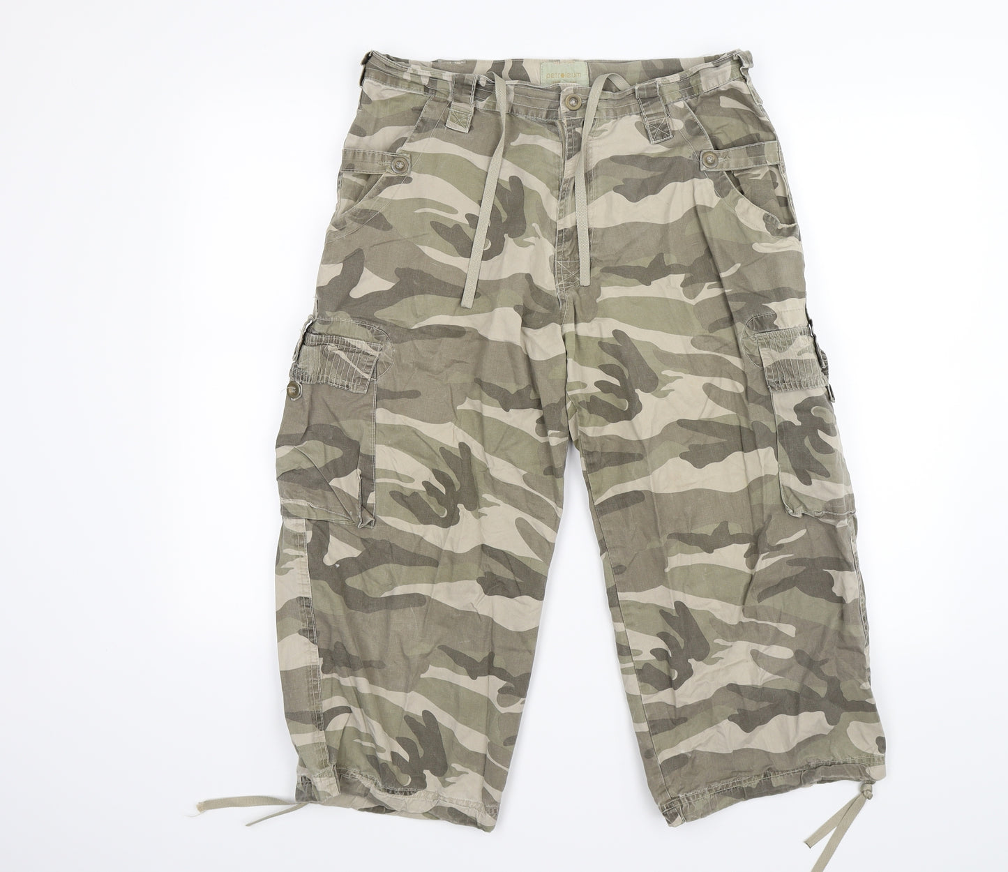 Petroleum Mens Green Camouflage Denim Cargo Shorts Size 34