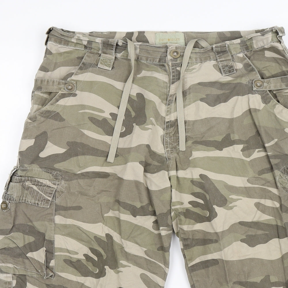 Petroleum Mens Green Camouflage Denim Cargo Shorts Size 34
