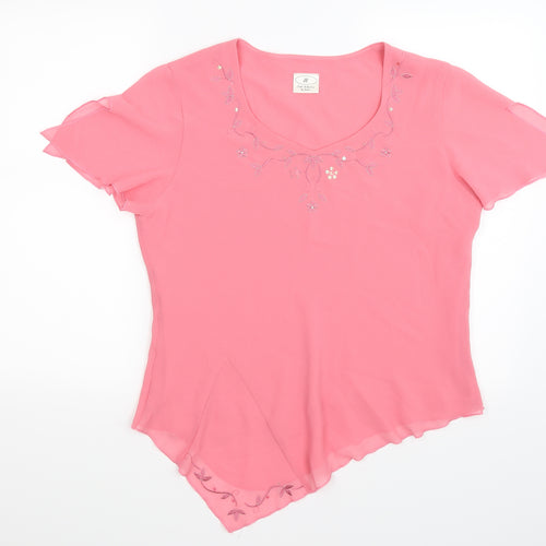 JF Womens Pink Floral Chiffon Basic T-Shirt Size 16  - asymmetric hanky hem
