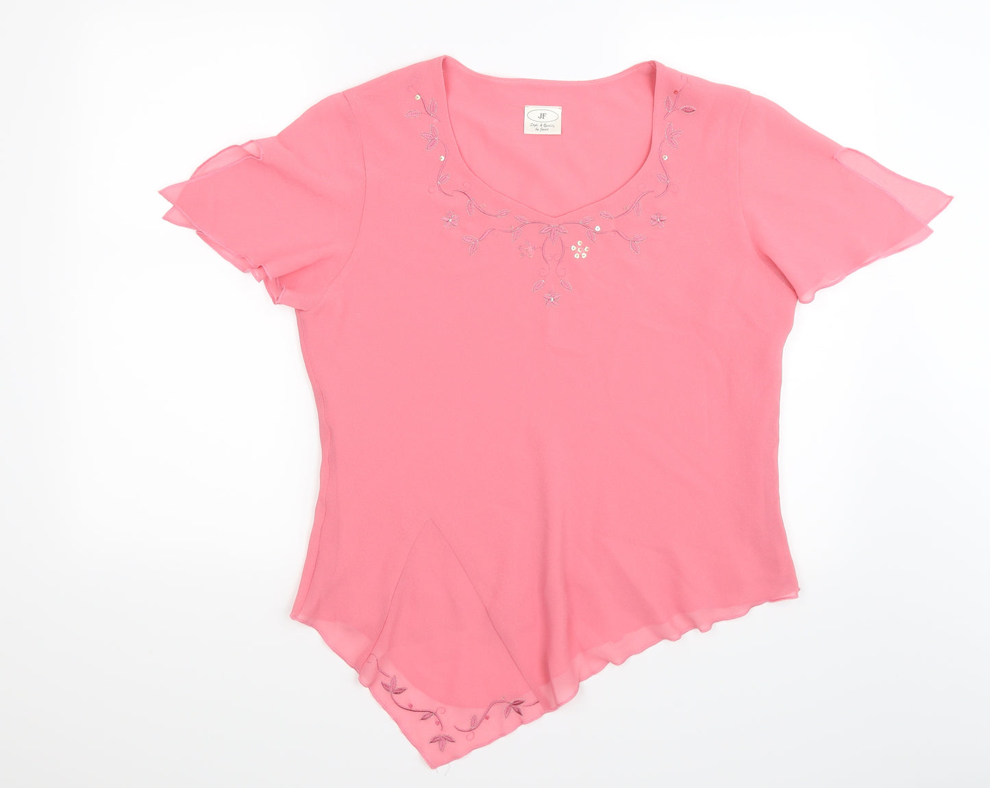 JF Womens Pink Floral Chiffon Basic T-Shirt Size 16  - asymmetric hanky hem
