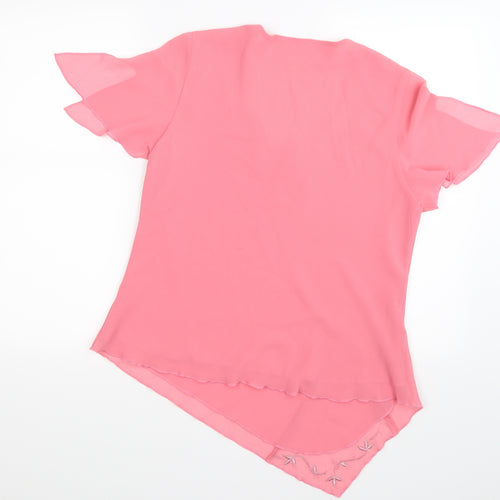 JF Womens Pink Floral Chiffon Basic T-Shirt Size 16  - asymmetric hanky hem