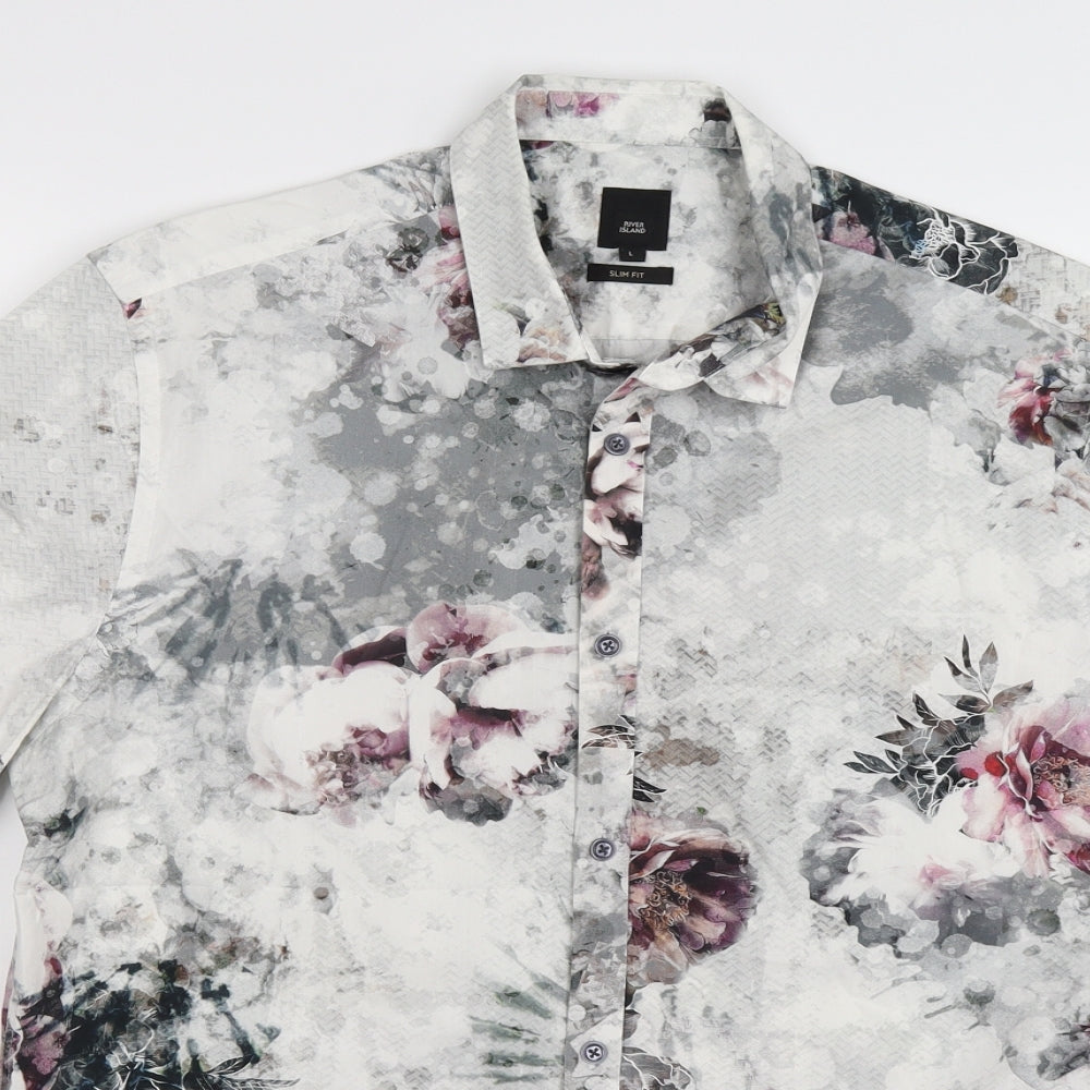 River Island Mens Grey Floral   Dress Shirt Size L
