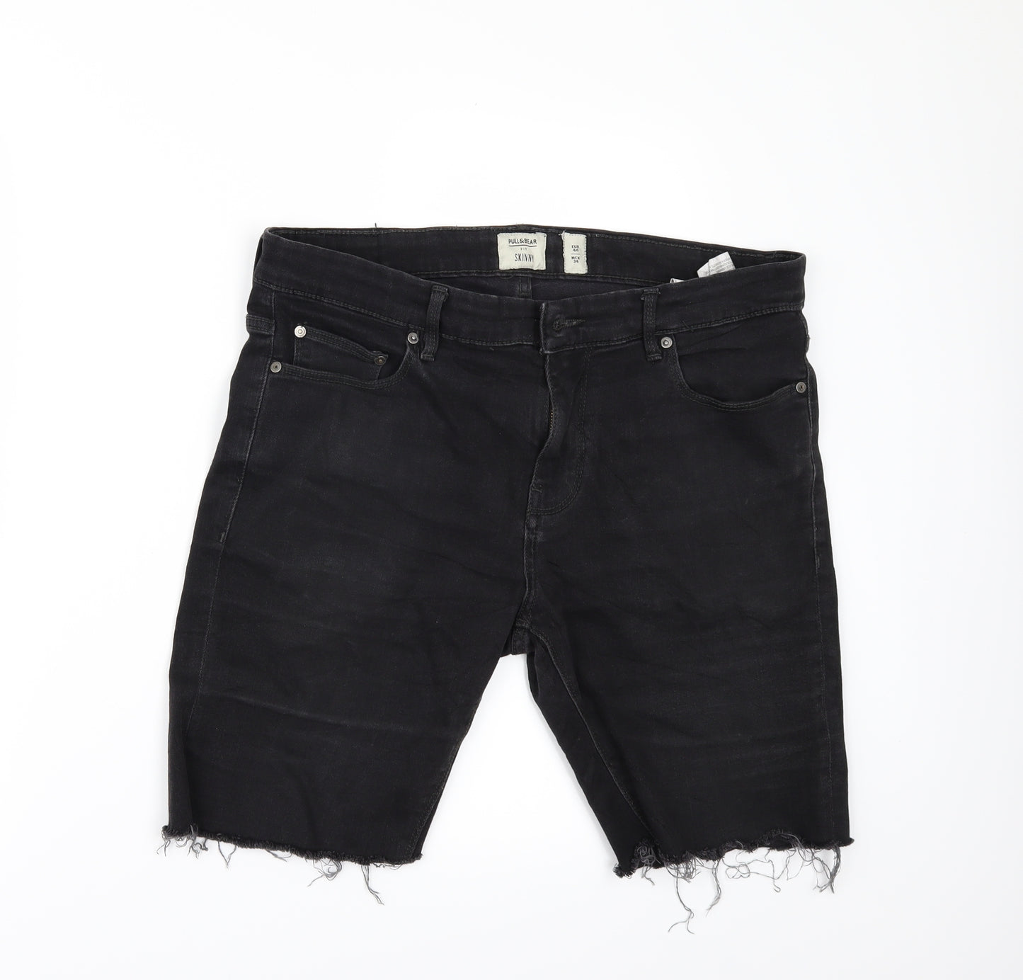 Pull&Bear Mens Black  Denim Cargo Shorts Size 36 - Customised Cropped