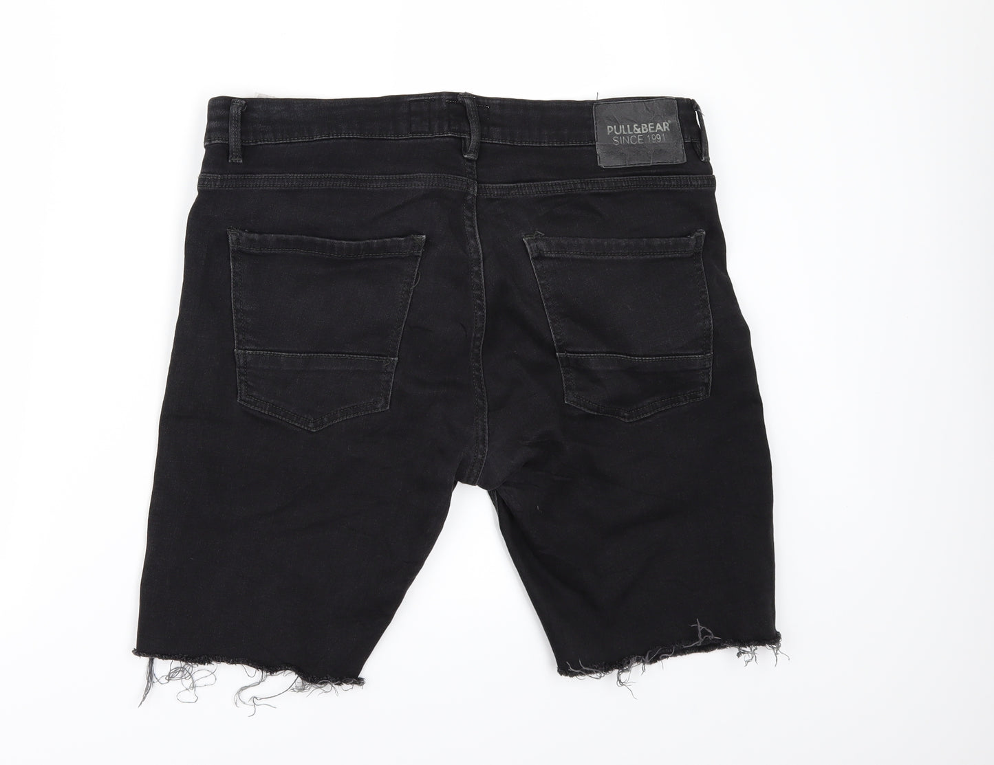 Pull&Bear Mens Black  Denim Cargo Shorts Size 36 - Customised Cropped