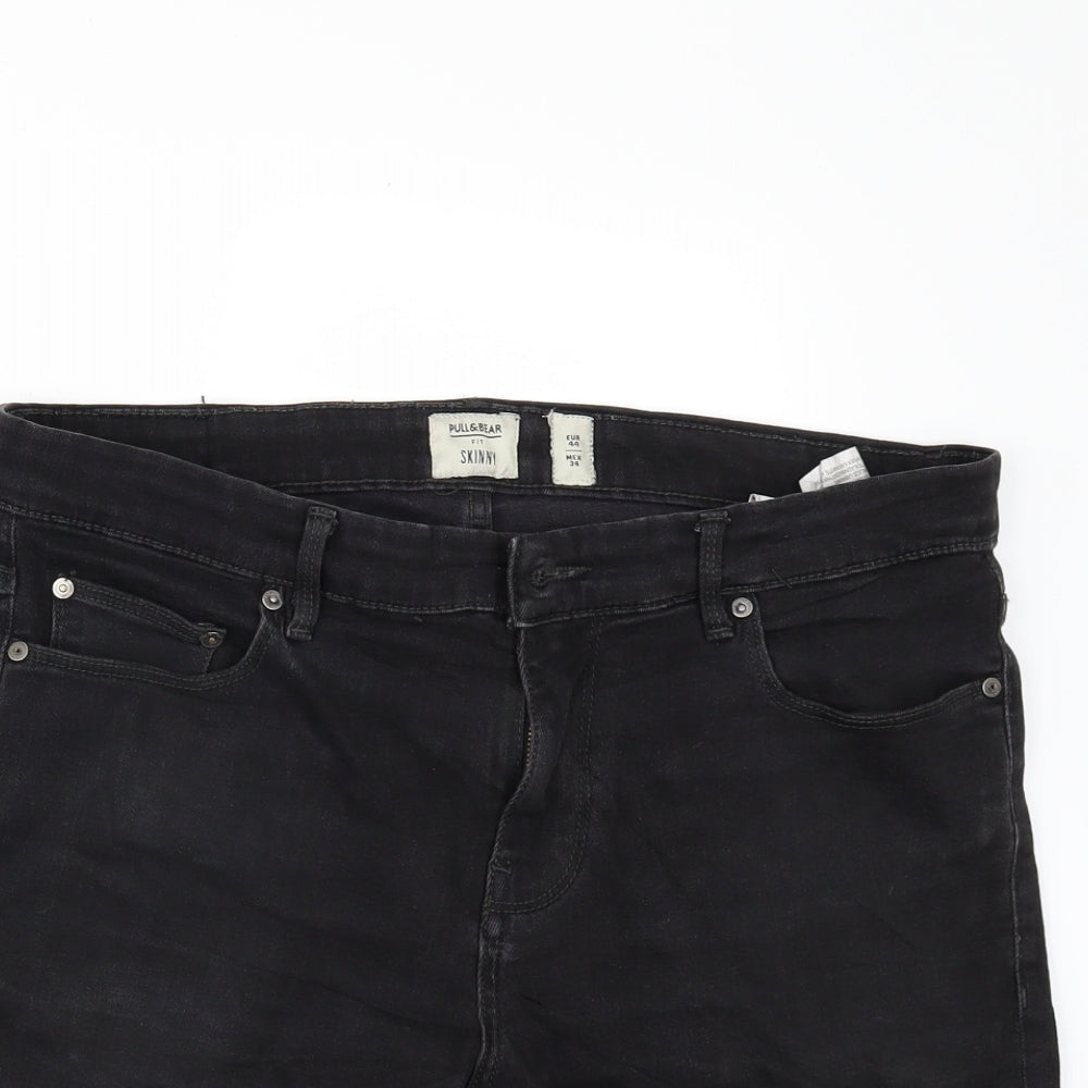Pull&Bear Mens Black  Denim Cargo Shorts Size 36 - Customised Cropped