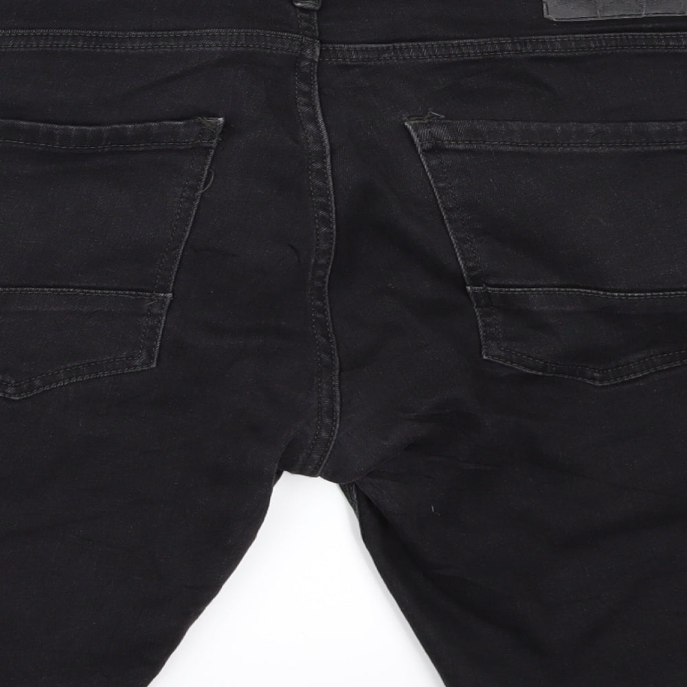 Pull&Bear Mens Black  Denim Cargo Shorts Size 36 - Customised Cropped
