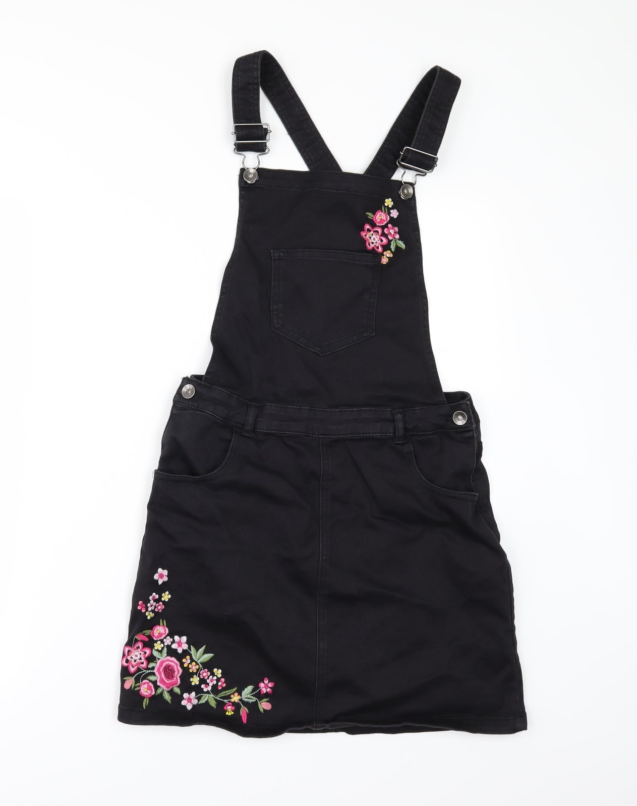George Girls Black Floral Denim Pinafore/Dungaree Dress  Size 13-14 Years