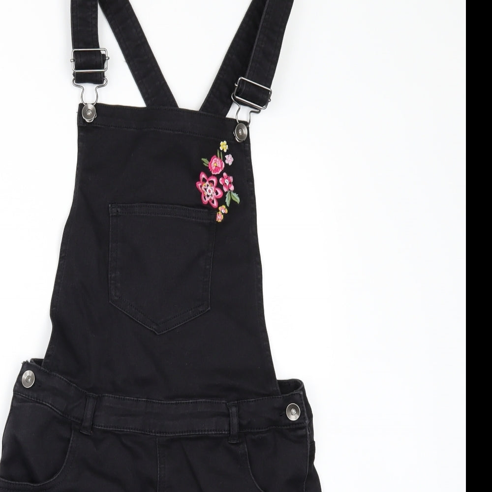 George Girls Black Floral Denim Pinafore/Dungaree Dress  Size 13-14 Years