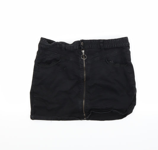 Front view of Forever 21 women’s black denim mini skirt, size UK 10