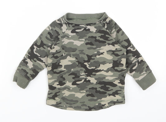 Front view of Next boys’ green camouflage basic t-shirt, size 6-9, months