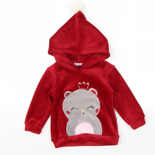 Smile Yes Girls Red Animal Print  Pullover Hoodie Size 2 Years  - Hamster Pom Pom