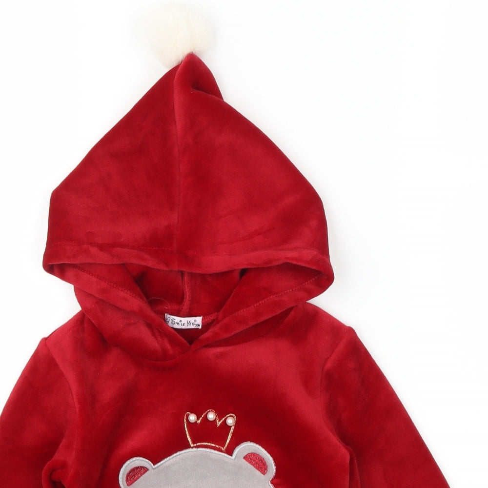 Smile Yes Girls Red Animal Print  Pullover Hoodie Size 2 Years  - Hamster Pom Pom
