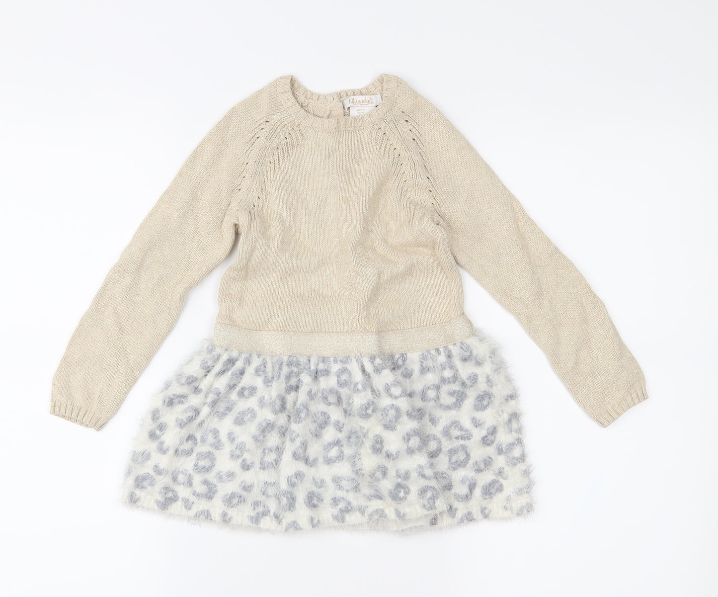 Lilly Wicket Girls Beige Animal Print Knit Jumper Dress  Size 2-3 Years