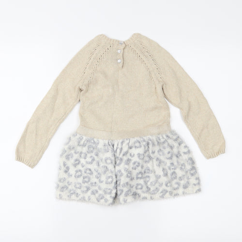 Lilly Wicket Girls Beige Animal Print Knit Jumper Dress  Size 2-3 Years