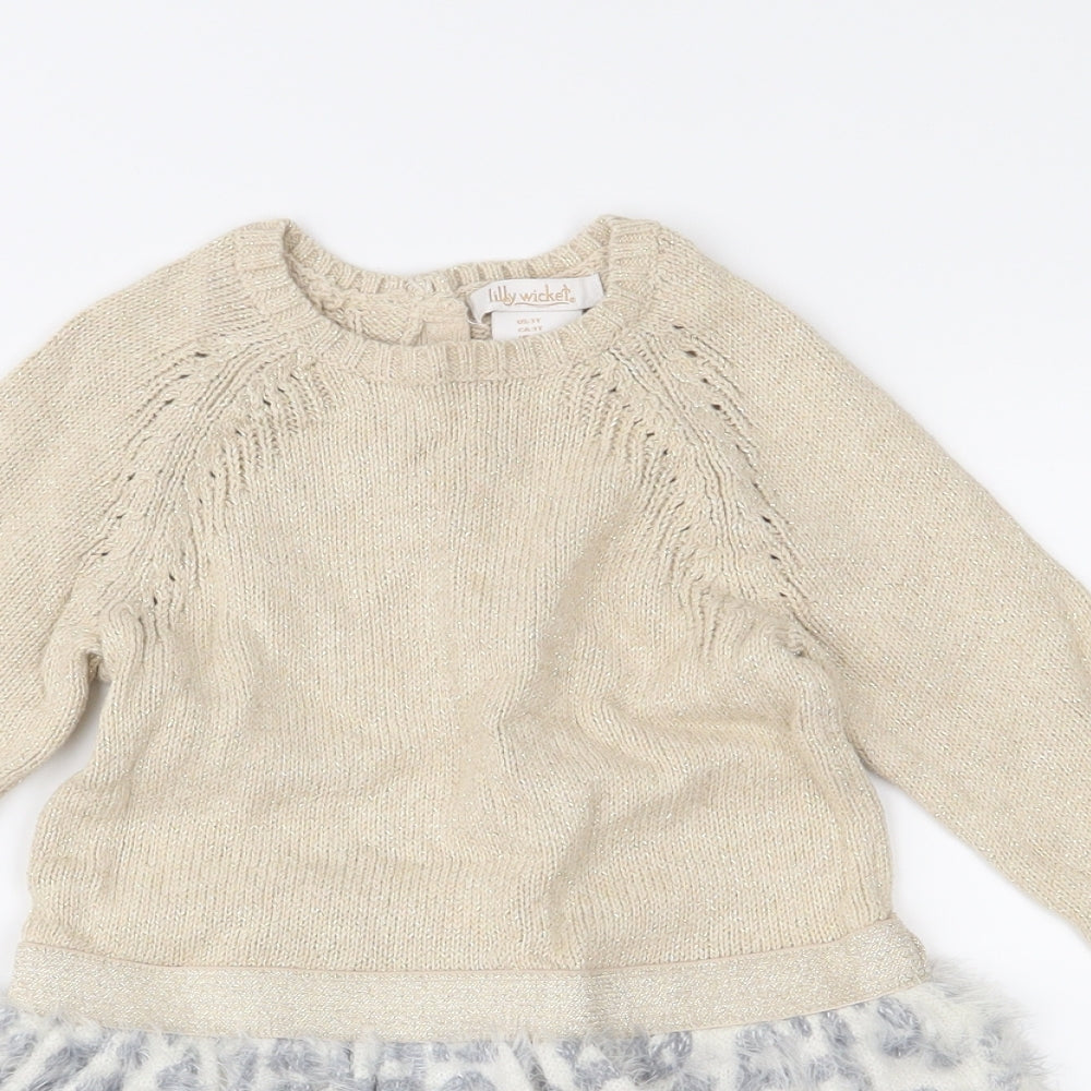 Lilly Wicket Girls Beige Animal Print Knit Jumper Dress  Size 2-3 Years
