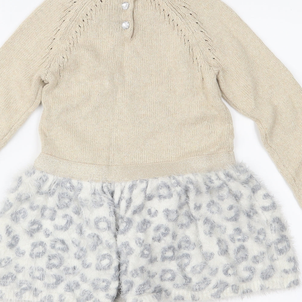 Lilly Wicket Girls Beige Animal Print Knit Jumper Dress  Size 2-3 Years