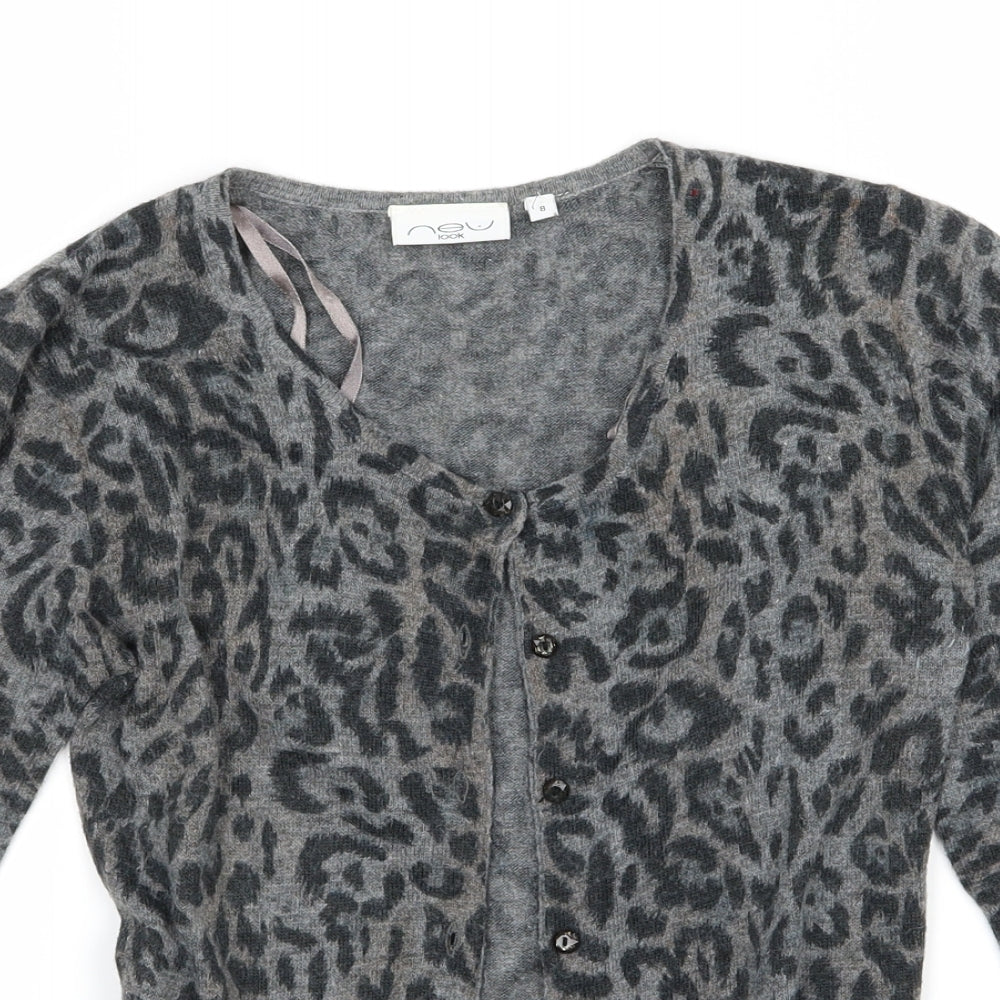 New Look Womens Grey Animal Print Knit Cardigan Jumper Size 8