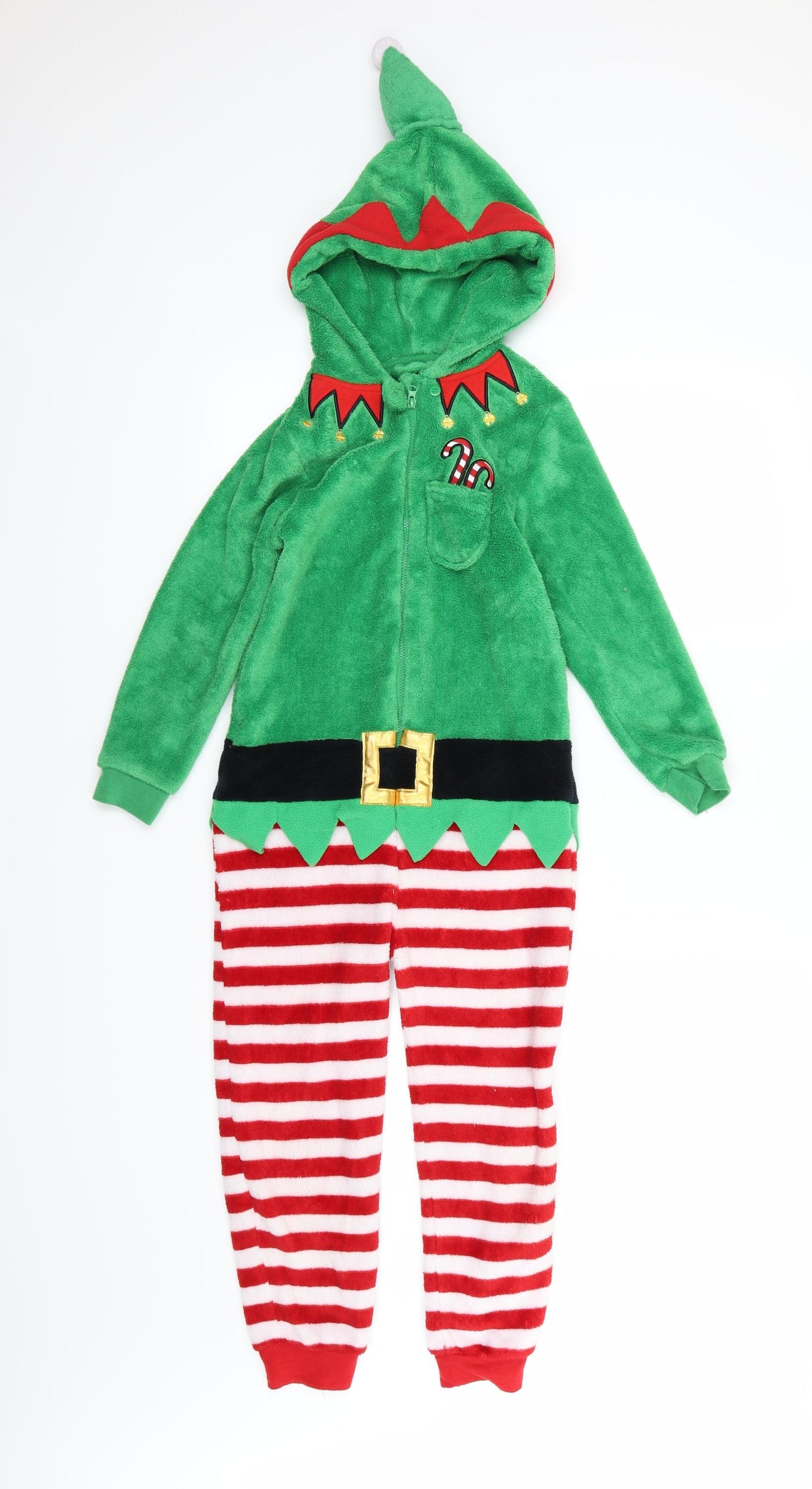 Primark Boys Multicoloured Striped Fleece  One Piece Size 7-8 Years  - Elf Christmas