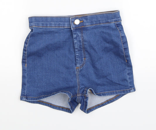 Front view of Topshop women’s blue denim hot pants shorts, size UK 8