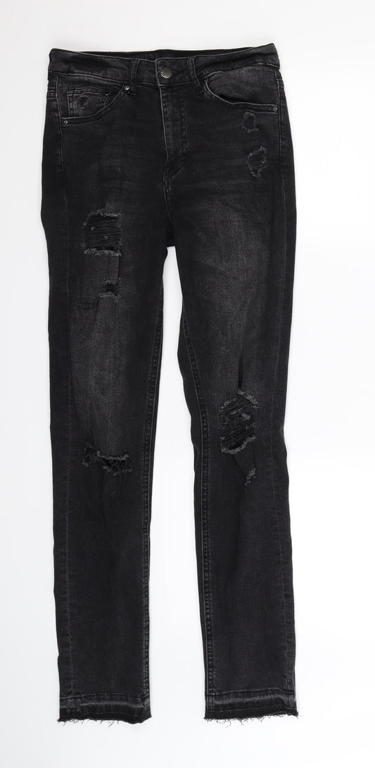 Front view of H&M women’s black denim skinny jeans, size UK 8, 30-inch leg